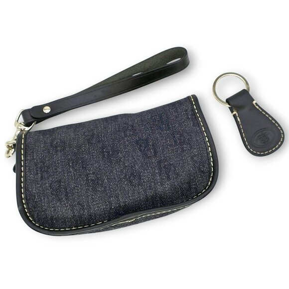Vintage 90's Dooney & Bourke Denim DB Logo Wristlet Pouch Leather Strap Keyring - Picture 2 of 4